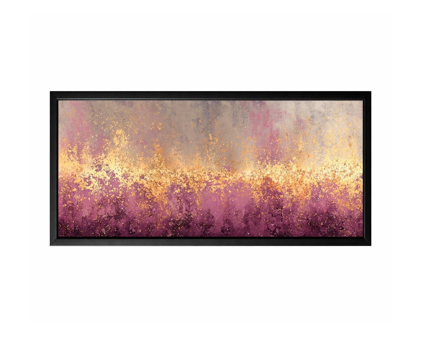 Purple gold abstract panoramic wall art with taupe, gray, cream, and luminous metallic-style texture.