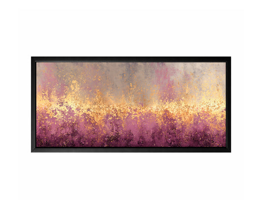 Purple gold abstract panoramic wall art with taupe, gray, cream, and luminous metallic-style texture.