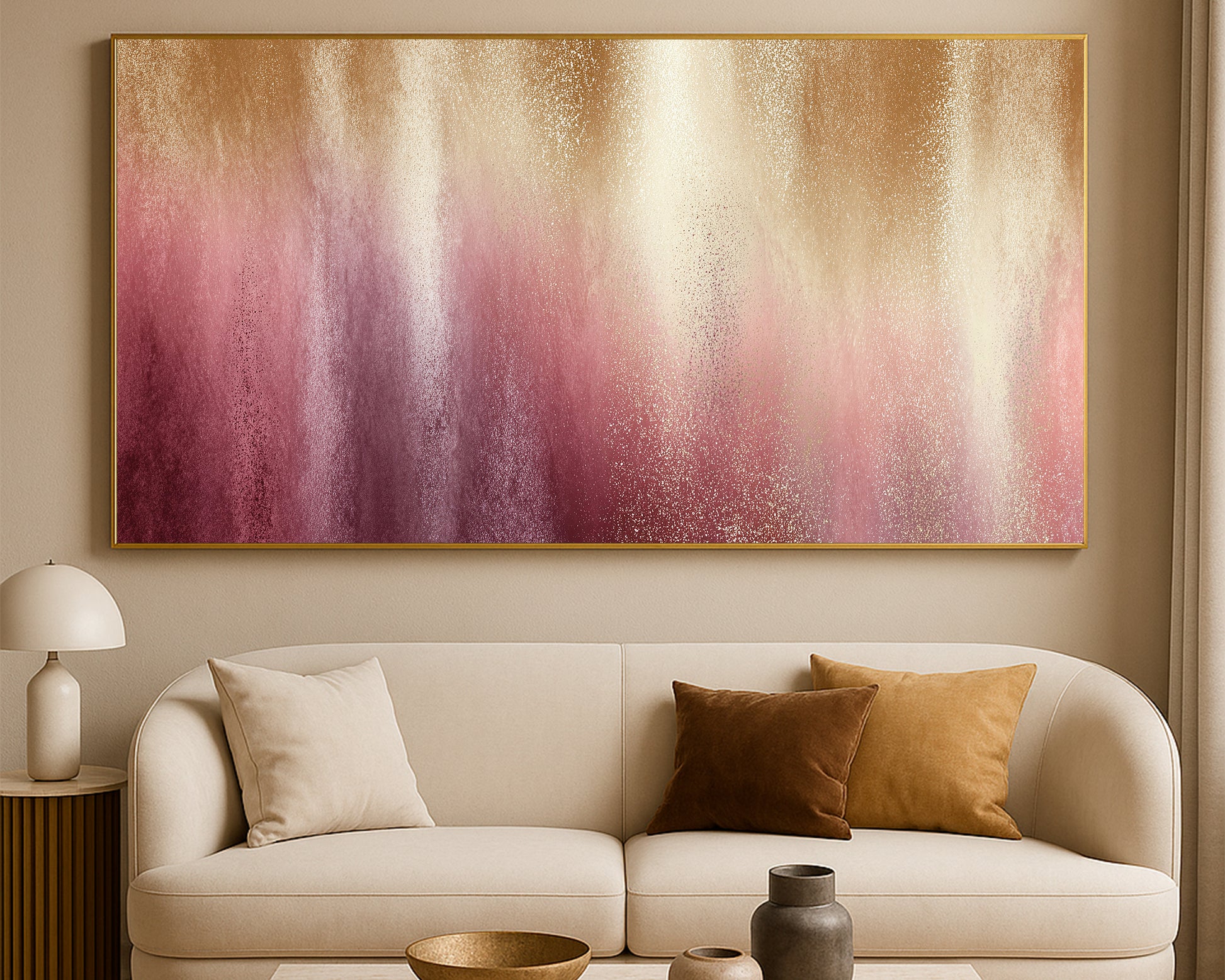 Wide abstract artwork featuring soft pink and gold bands with airy luminous movement.