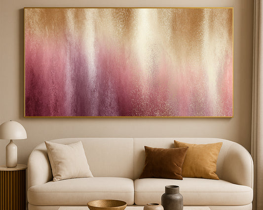 Wide abstract artwork featuring soft pink and gold bands with airy luminous movement.