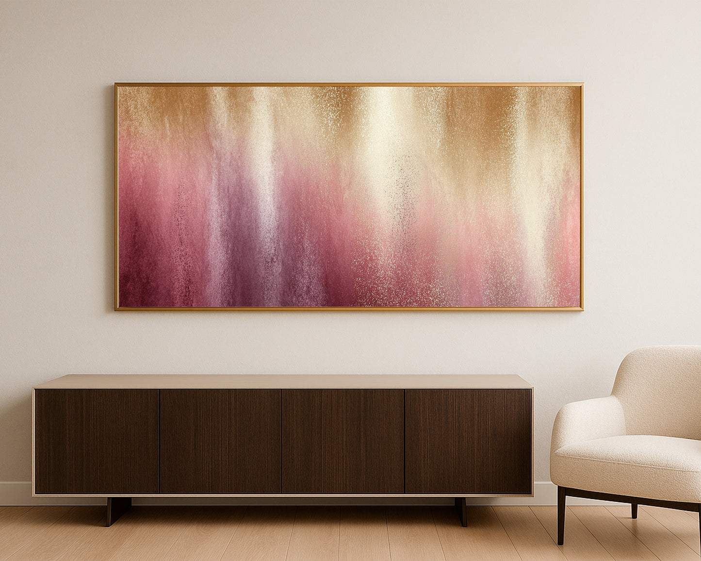 Panoramic blush gold abstract print with cream highlights and delicate textured speckling.