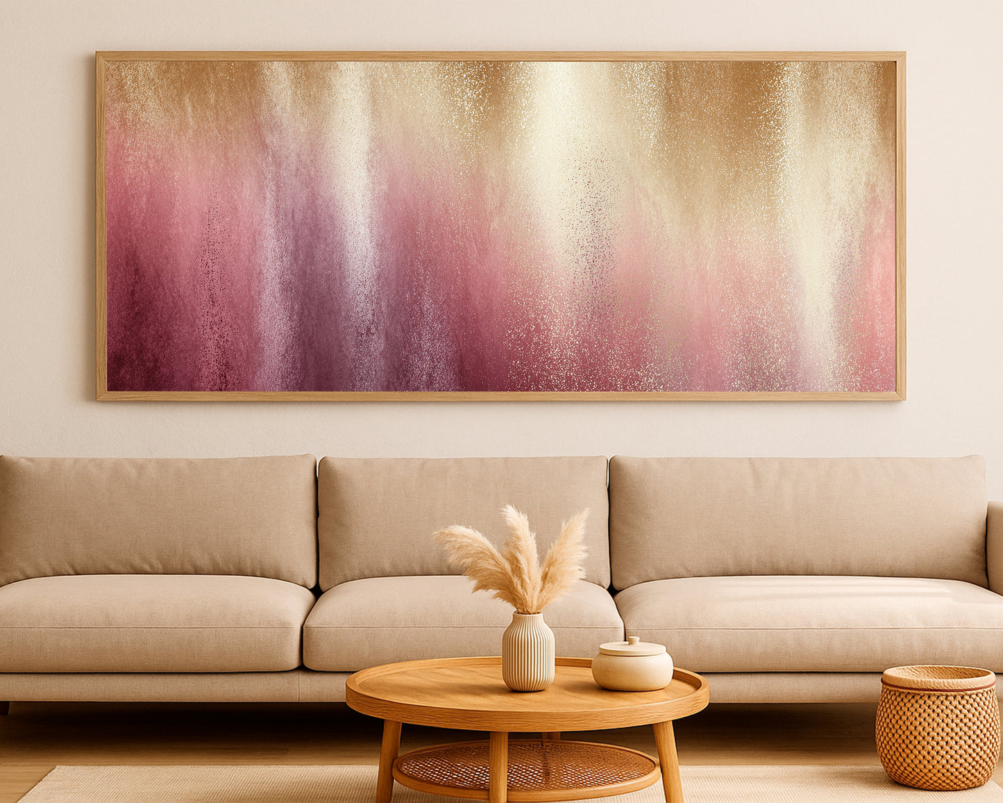 Soft rose abstract wall art with gold shimmer, pink tones, and elegant vertical color fields.