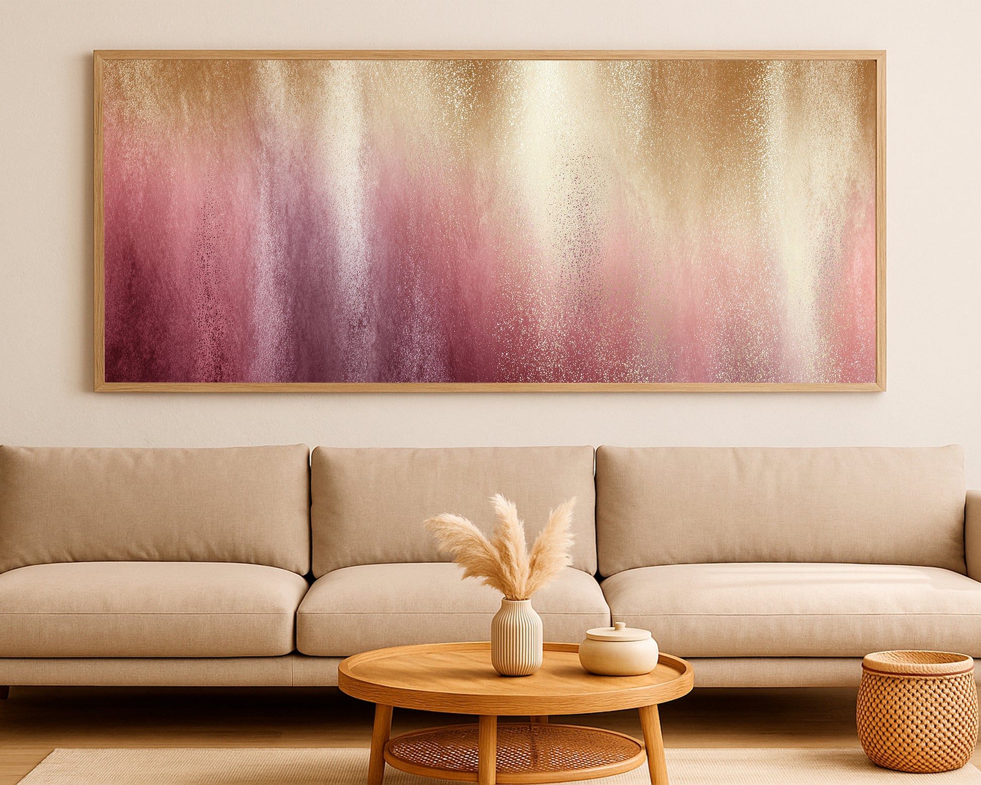 Soft rose abstract wall art with gold shimmer, pink tones, and elegant vertical color fields.