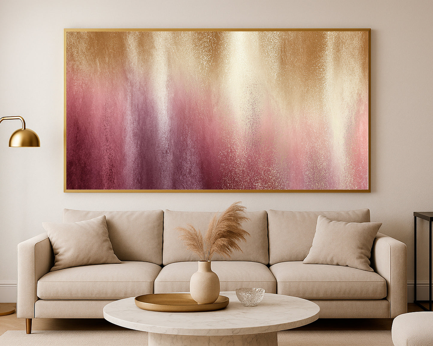 Modern panoramic abstract artwork with blush, cream, gold, and warm rose textured layers.