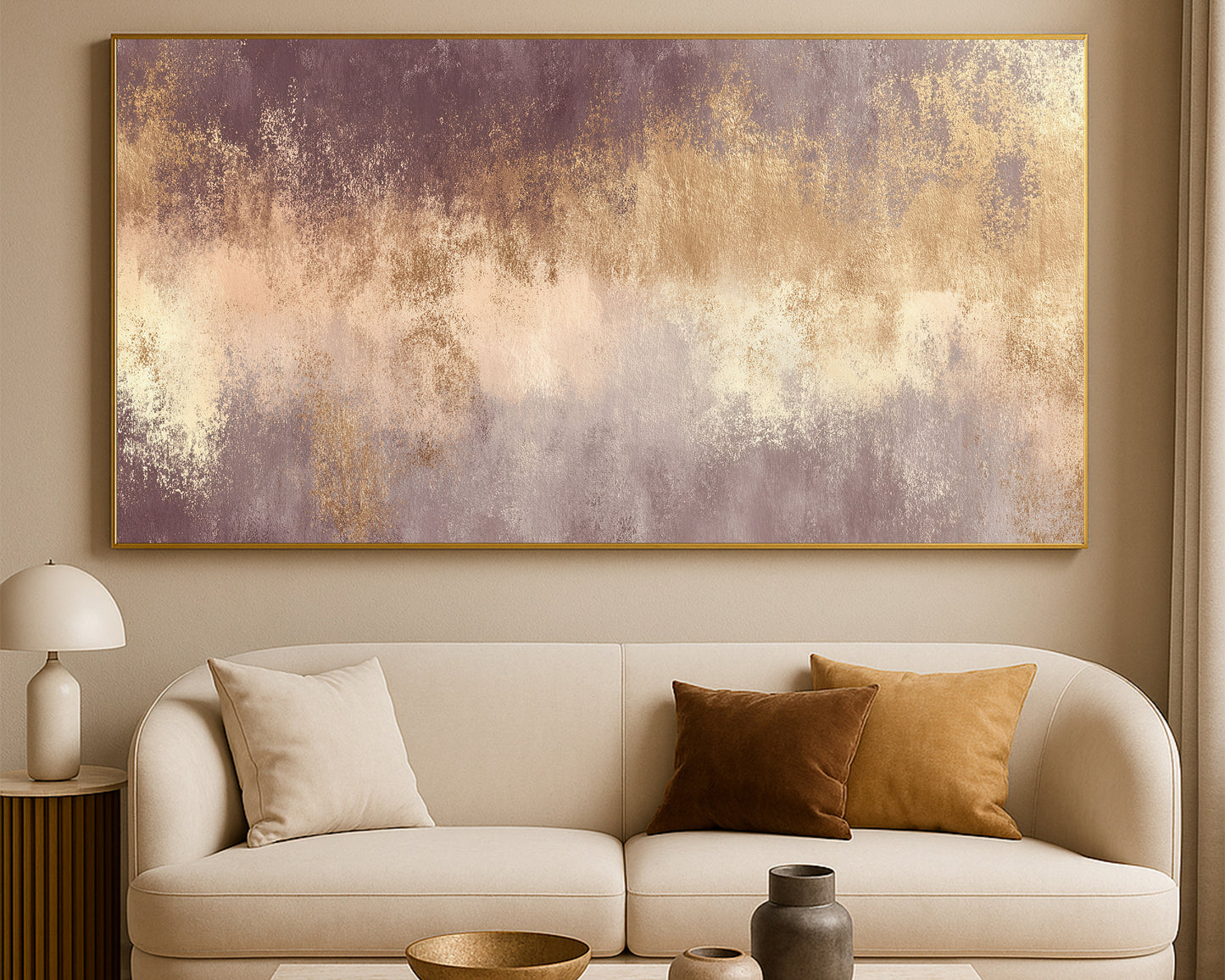 Wide neutral abstract artwork featuring soft taupe layers, gold accents, and weathered painterly movement.