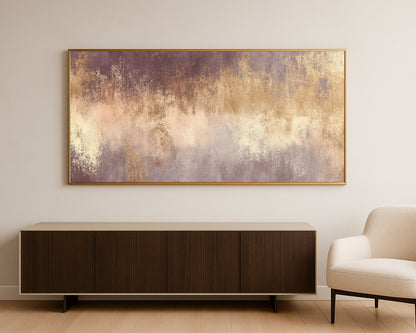 Panoramic abstract print with warm beige, taupe, gray, brown, and gold textured details.