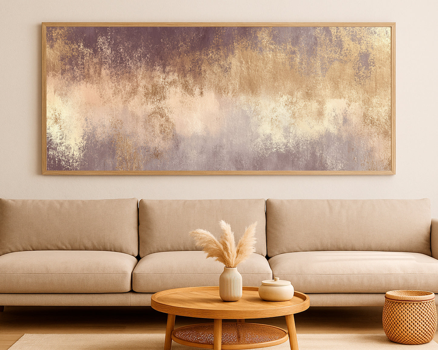 Refined neutral wall art with muted taupe background, gold highlights, and soft abstract depth.