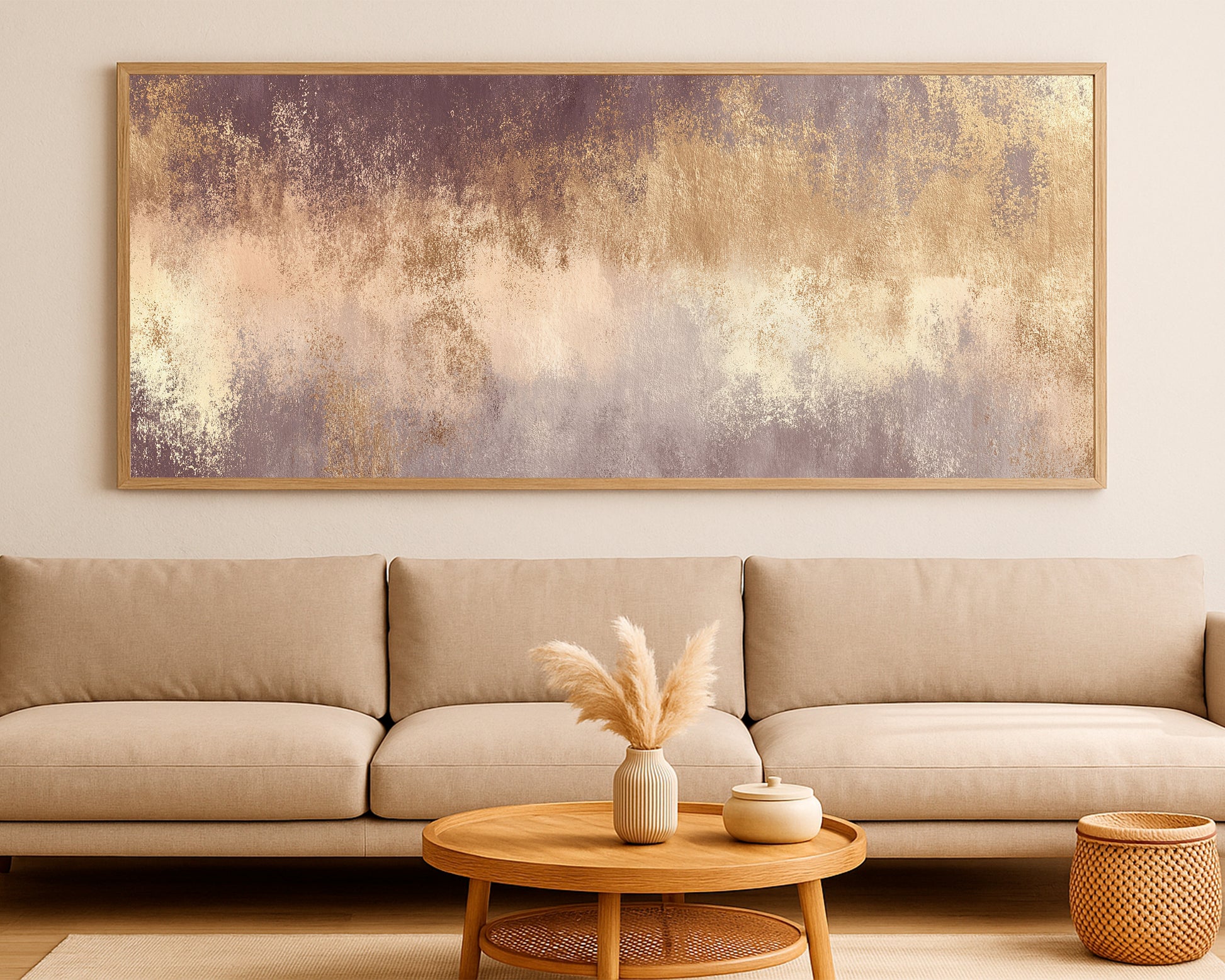 Refined neutral wall art with muted taupe background, gold highlights, and soft abstract depth.