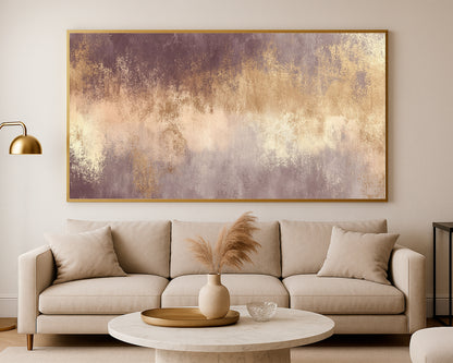 Modern panoramic abstract artwork with warm neutral tones and luminous gold textured accents.