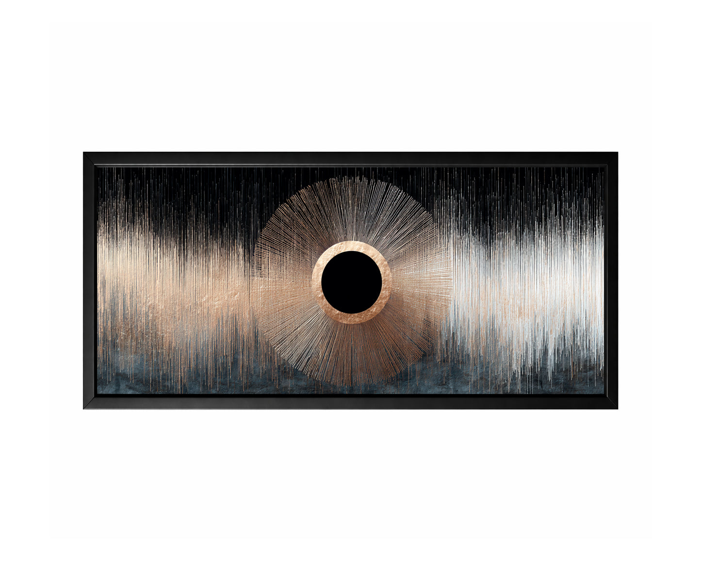 Panoramic abstract wall art featuring a bold black circle with a radiant halo of fine gold lines and layered neutral vertical textures