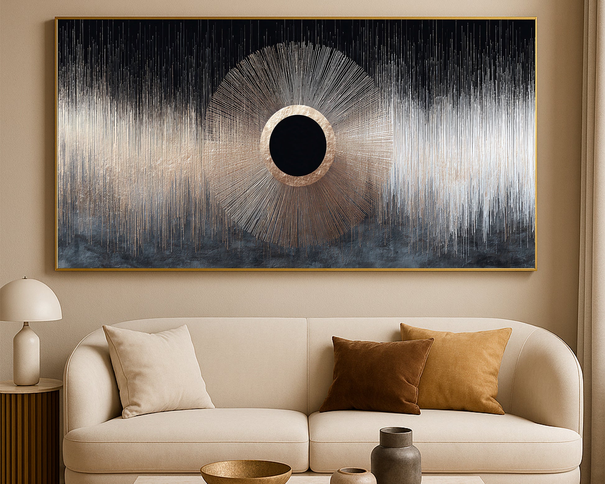 Modern geometric abstract print with a central dark circle, linear light effects, and smoky gray and beige atmospheric textures