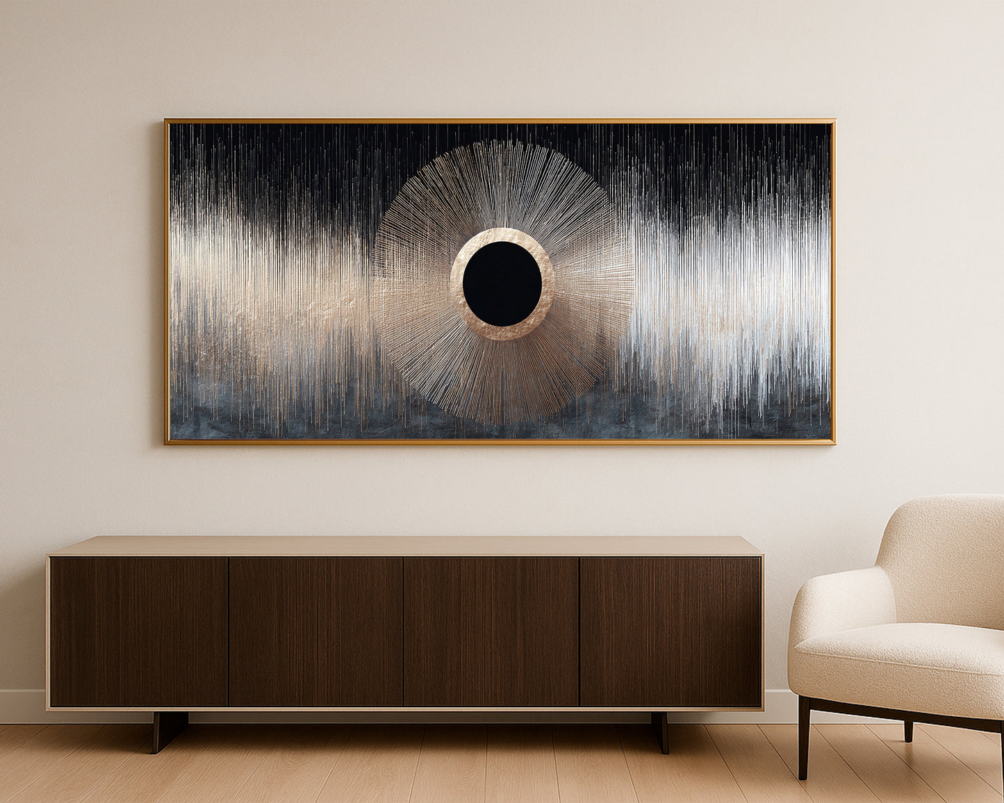 Statement panoramic decor showing a black circular focal point surrounded by delicate gold linework and misty abstract gradients