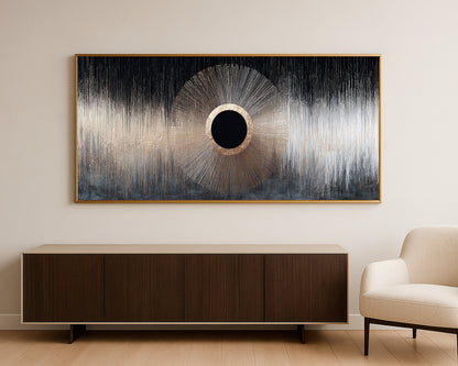 Statement panoramic decor showing a black circular focal point surrounded by delicate gold linework and misty abstract gradients