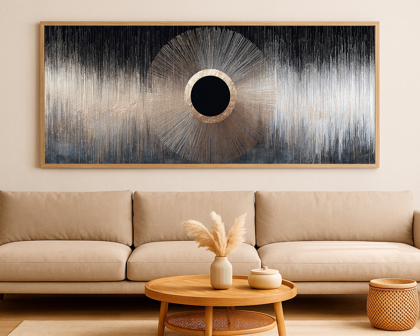 Contemporary wall art with a radiant ring, strong geometric symmetry, and vertical abstract textures in black, cream, and gray