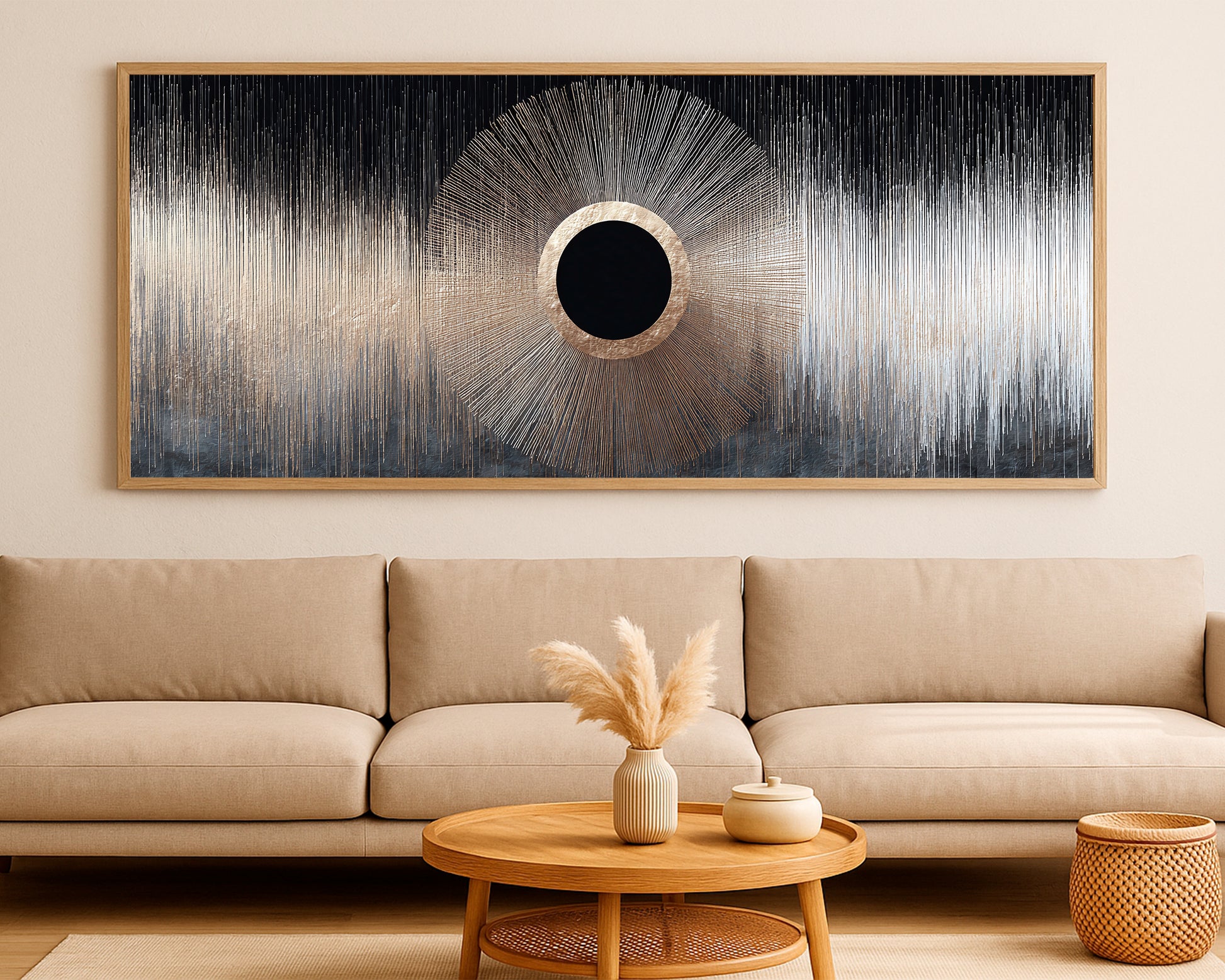 Contemporary wall art with a radiant ring, strong geometric symmetry, and vertical abstract textures in black, cream, and gray