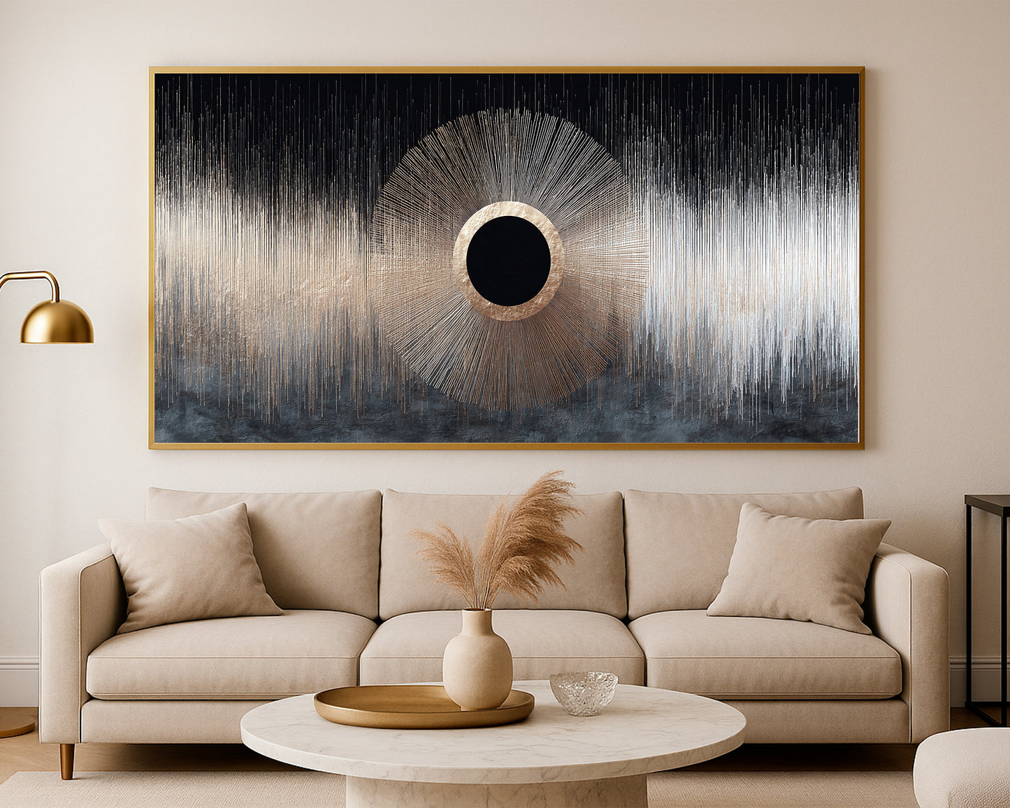 Minimalist luxury abstract artwork featuring a centered eclipse-like circle with shimmering linear rays and dramatic tonal contrast