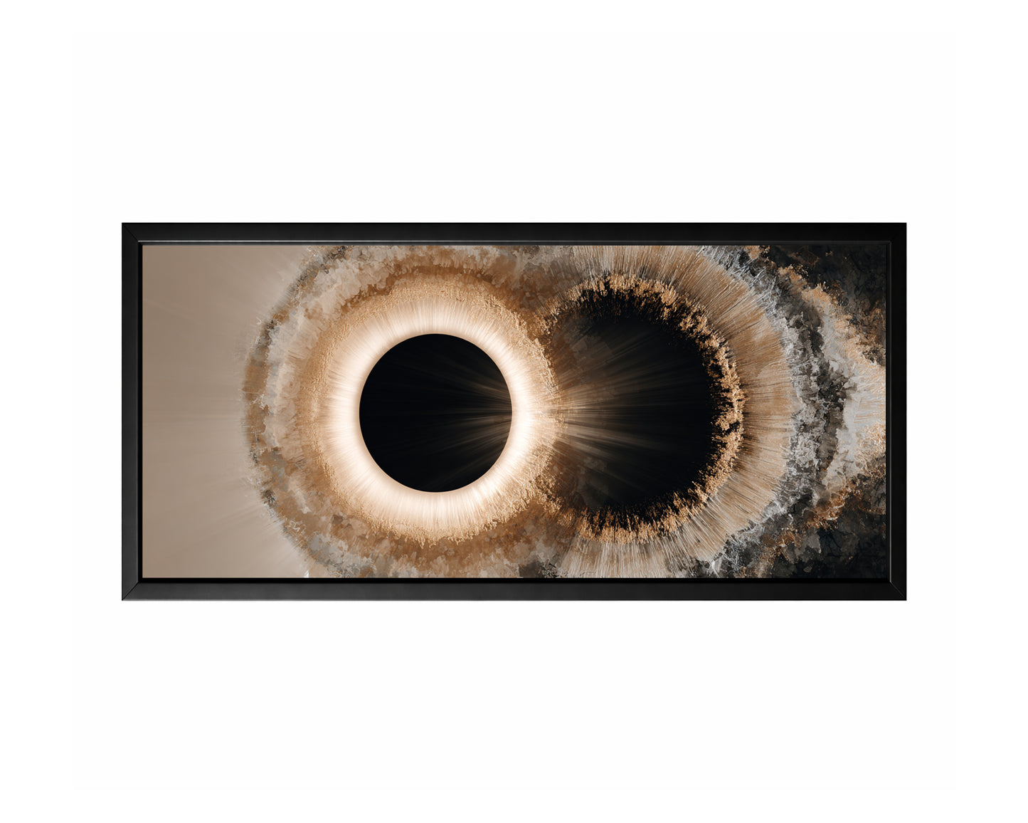 Panoramic abstract wall art featuring two eclipse-like circular forms with luminous halos and layered geode-inspired textures