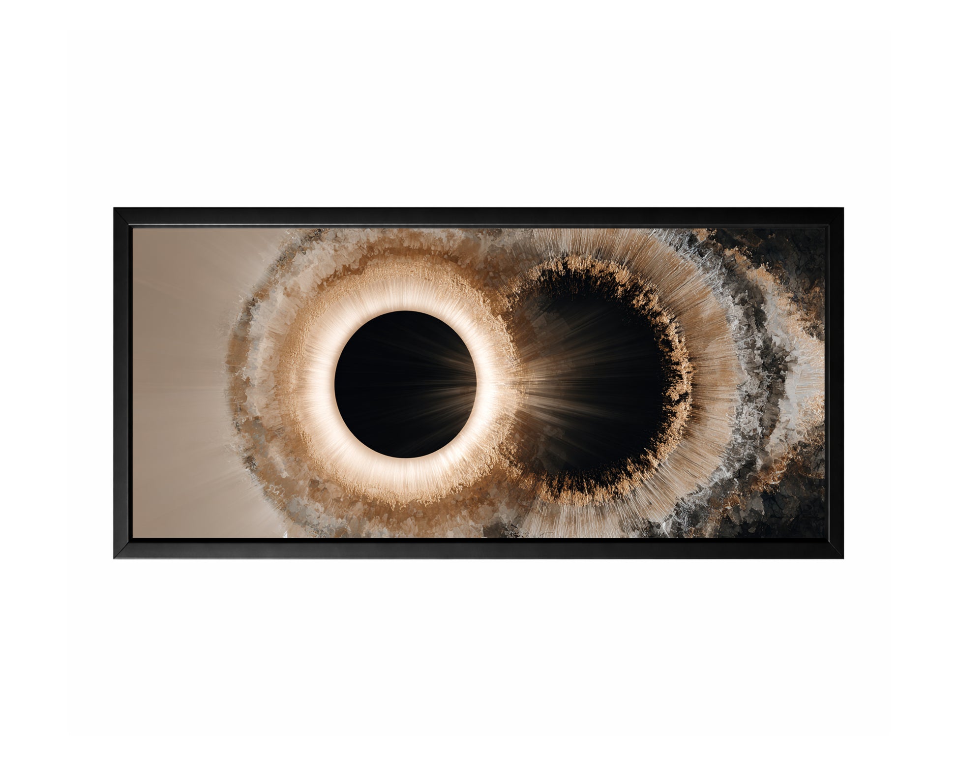 Panoramic abstract wall art featuring two eclipse-like circular forms with luminous halos and layered geode-inspired textures