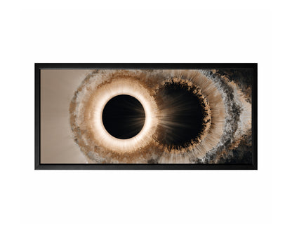 Panoramic abstract wall art featuring two eclipse-like circular forms with luminous halos and layered geode-inspired textures