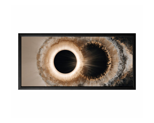 Panoramic abstract wall art featuring two eclipse-like circular forms with luminous halos and layered geode-inspired textures