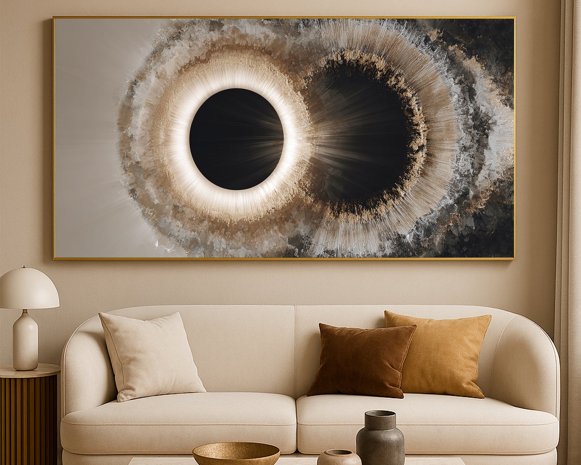 Modern celestial abstract print with dual dark circles, glowing neutral rings, and crystalline gold, gray, and cream textures