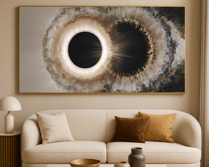 Modern celestial abstract print with dual dark circles, glowing neutral rings, and crystalline gold, gray, and cream textures
