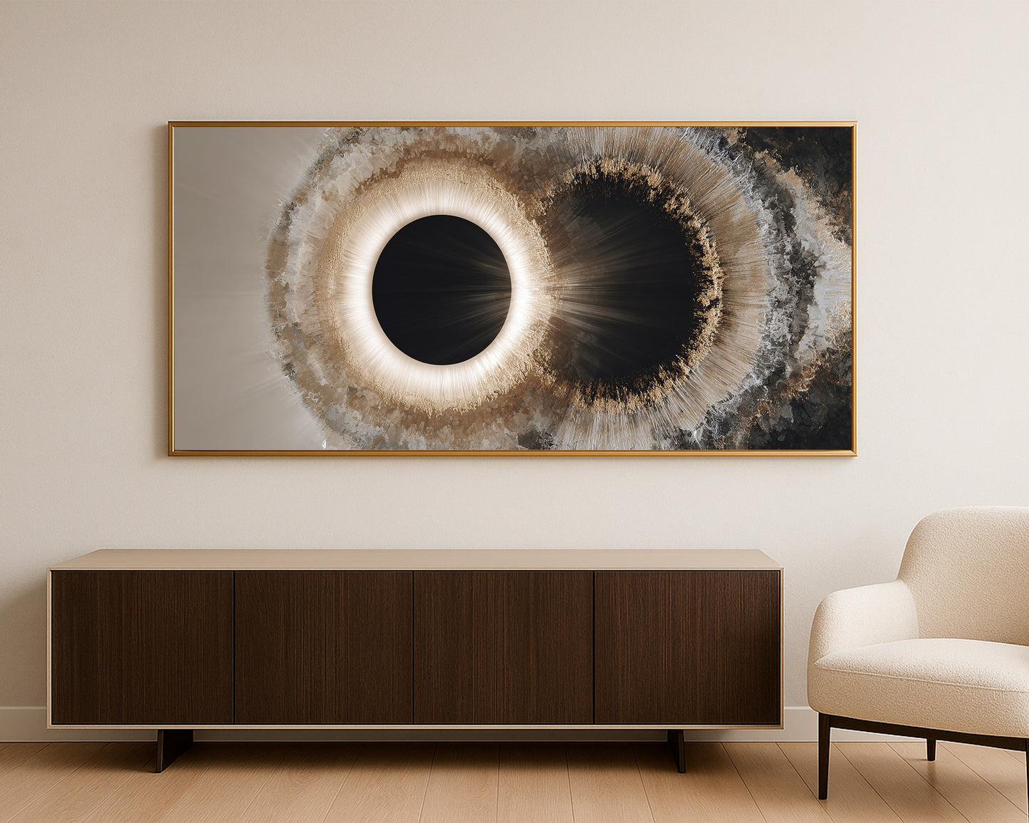Luxury panoramic wall decor showing twin eclipse motifs surrounded by soft mineral formations and dramatic abstract depth