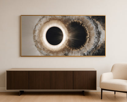Luxury panoramic wall decor showing twin eclipse motifs surrounded by soft mineral formations and dramatic abstract depth