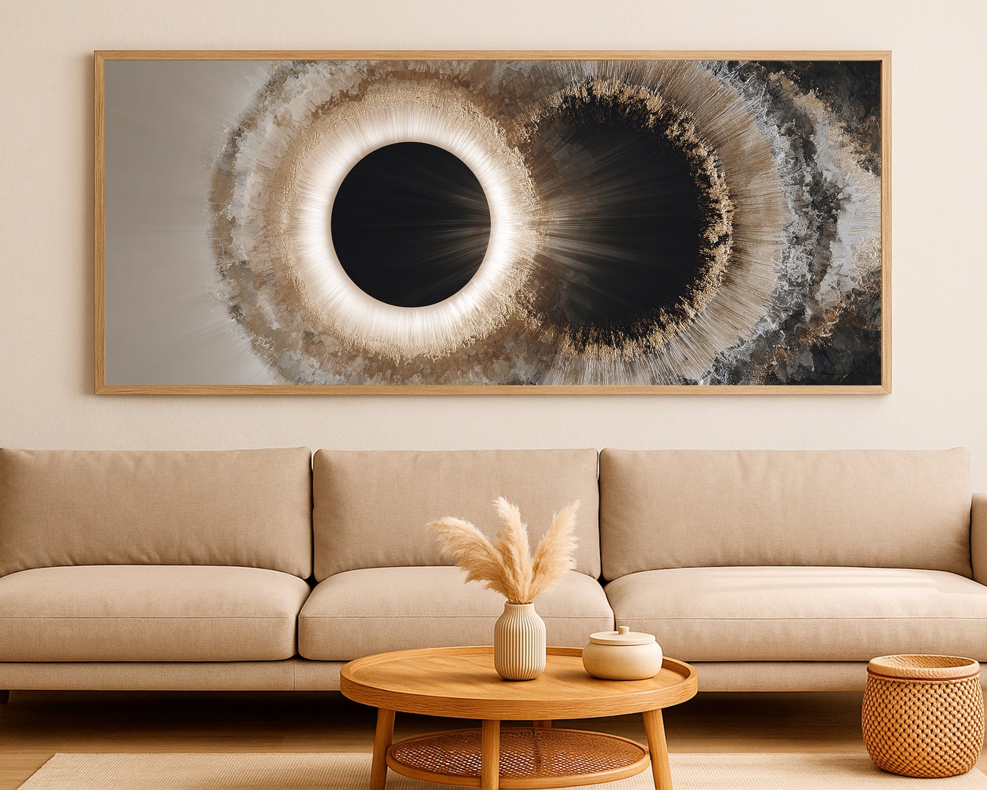 Contemporary abstract artwork with two circular focal points, radiant light transitions, and rich geode-style detailing in neutral tones