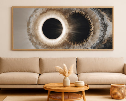 Contemporary abstract artwork with two circular focal points, radiant light transitions, and rich geode-style detailing in neutral tones