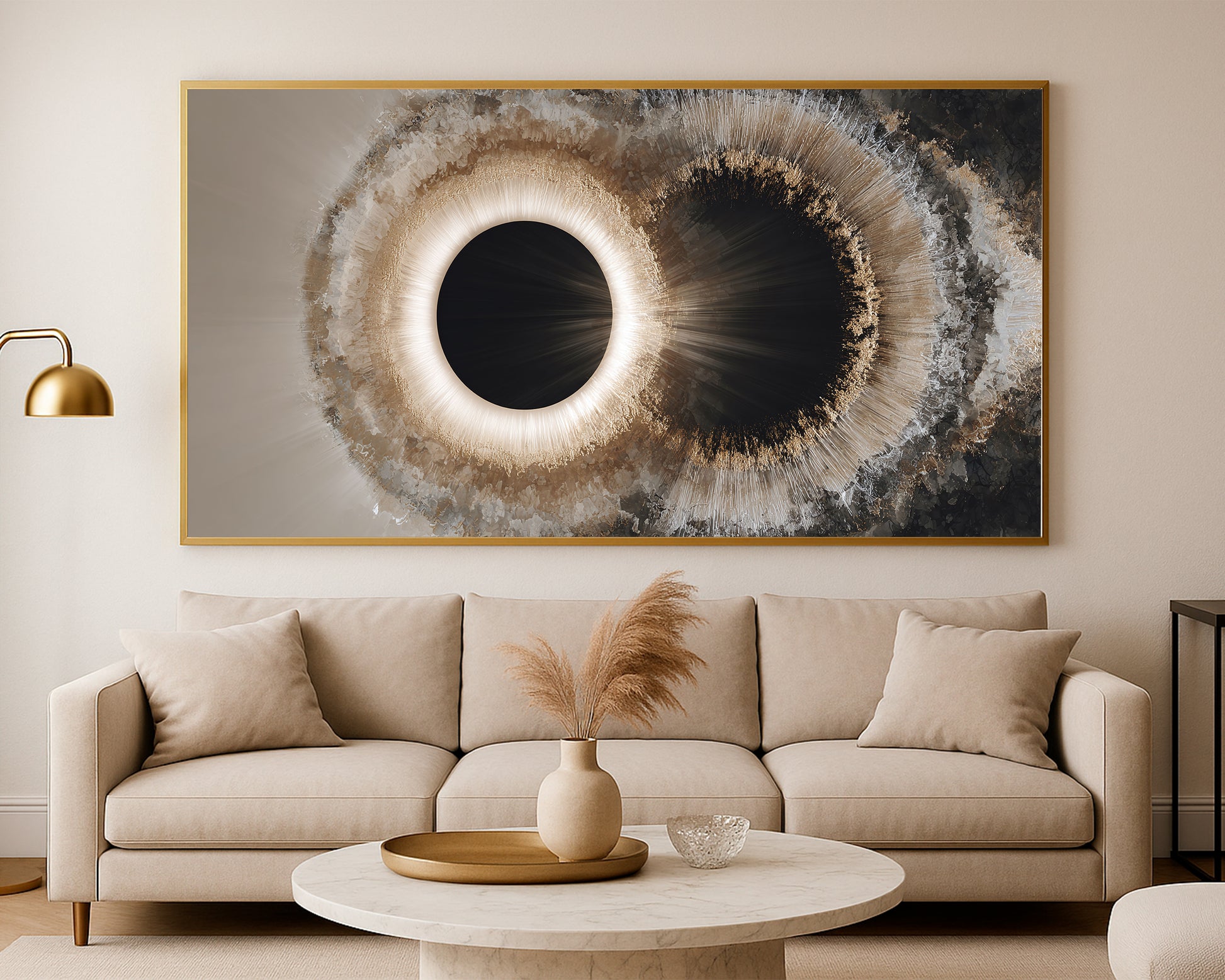 Statement wide wall art featuring dual eclipse forms, smoky black accents, and layered crystalline textures with elegant gold highlights