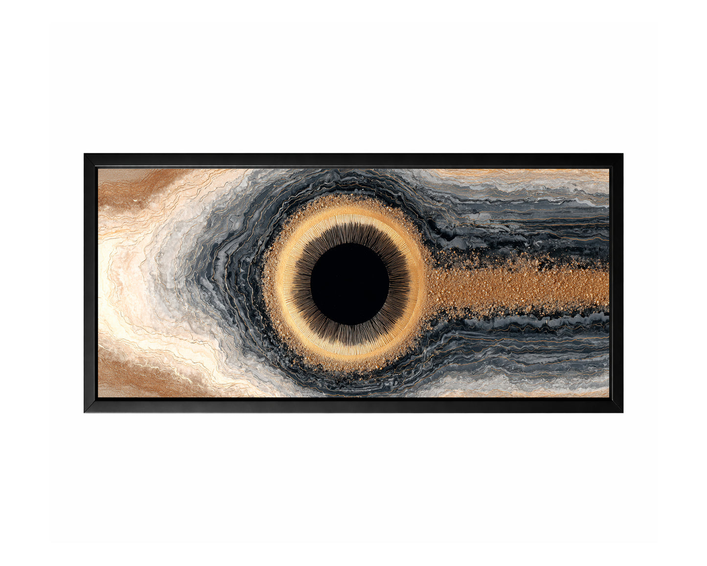 Panoramic abstract wall art featuring a dark eclipse-like center, glowing gold ring, and layered geode bands in beige, gray, and black