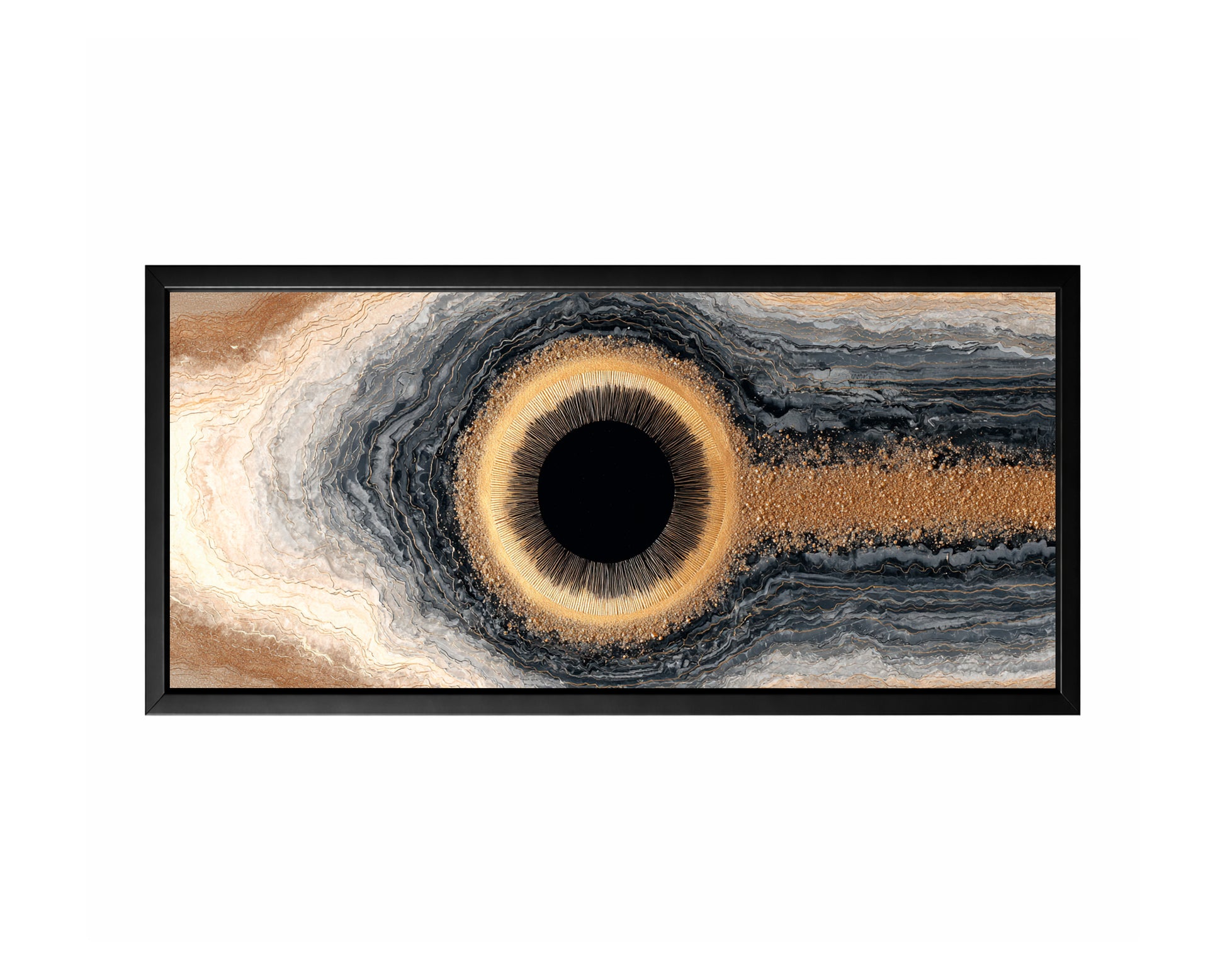 Panoramic abstract wall art featuring a dark eclipse-like center, glowing gold ring, and layered geode bands in beige, gray, and black
