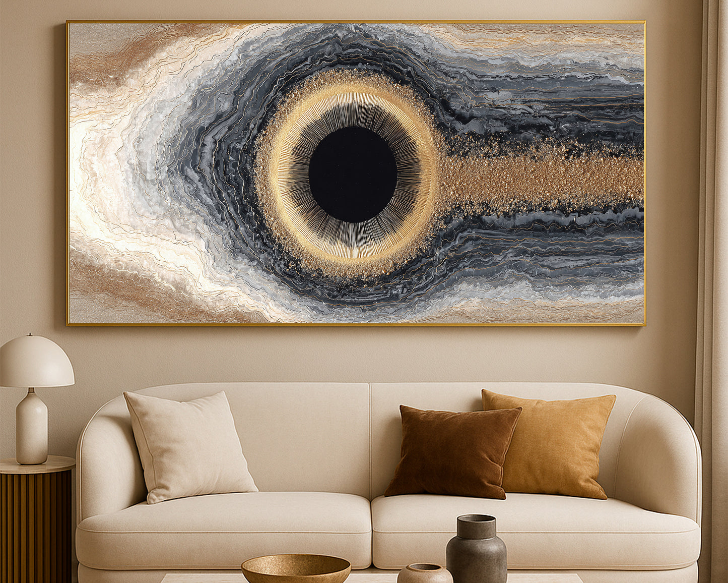 Modern wide abstract print with a central black orb, fine gold particle textures, and flowing mineral-inspired lines across the composition
