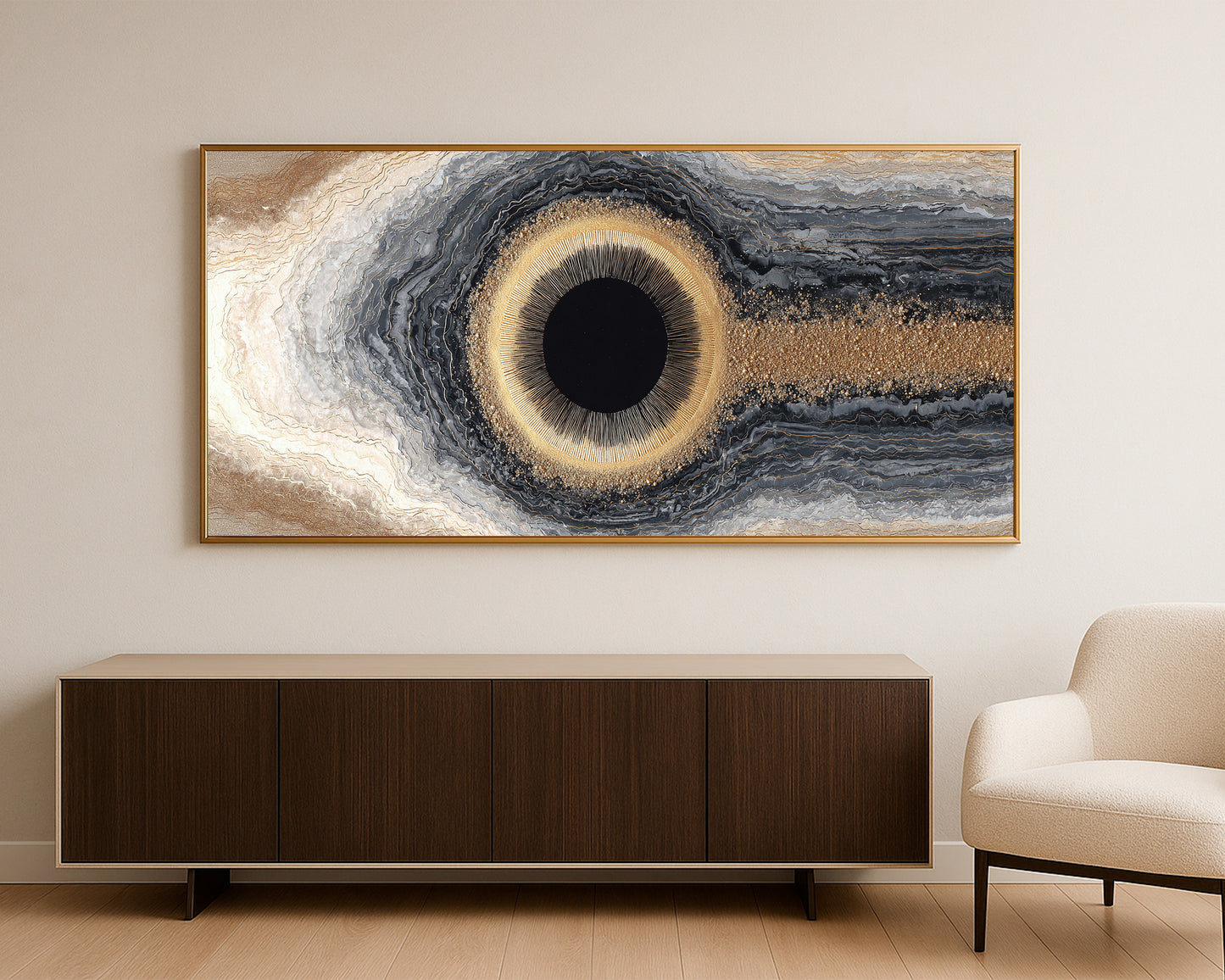 Luxury panoramic decor showing a luminous eclipse ring surrounded by geode textures and dramatic neutral tonal contrast