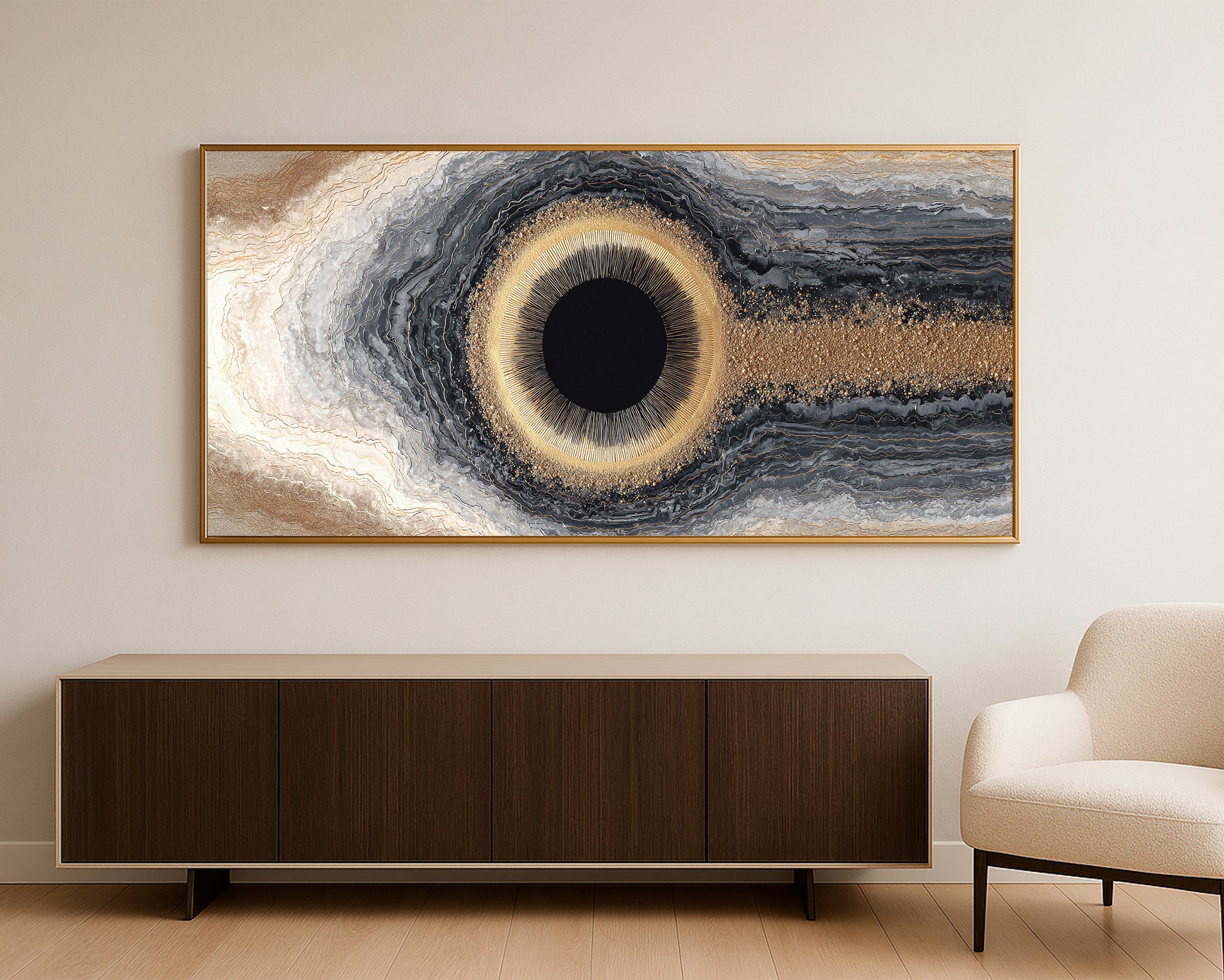 Luxury panoramic decor showing a luminous eclipse ring surrounded by geode textures and dramatic neutral tonal contrast