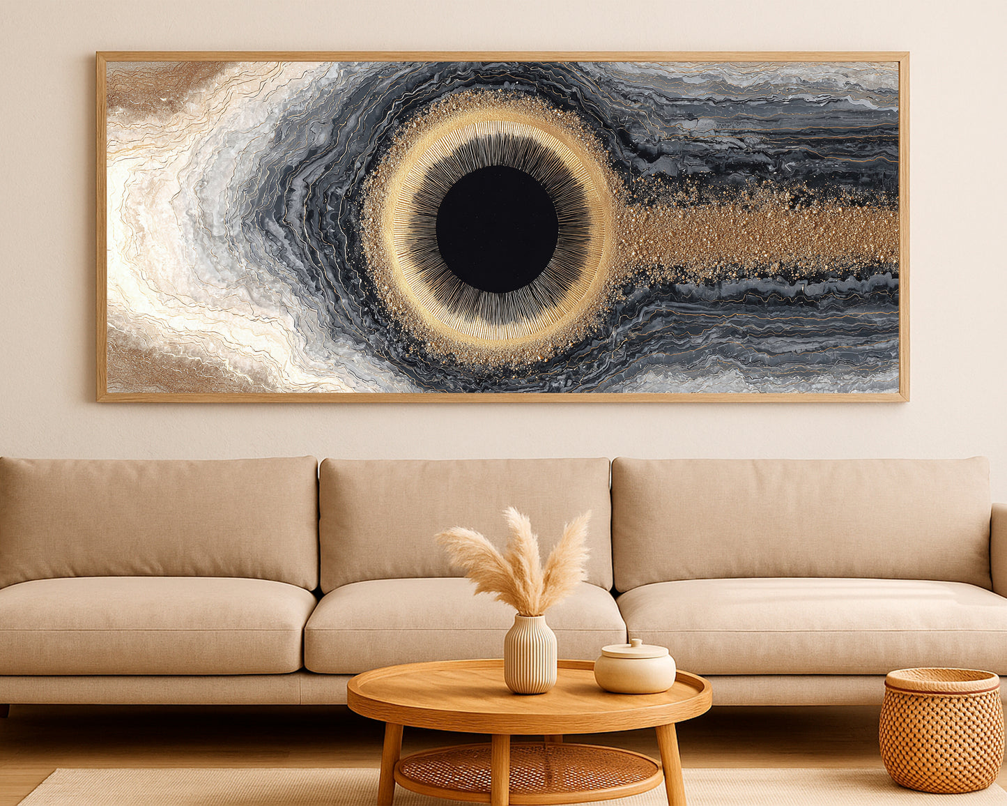 Statement wall art with a dark circular focal point, shimmering gold trail, and layered gray and beige abstract mineral forms