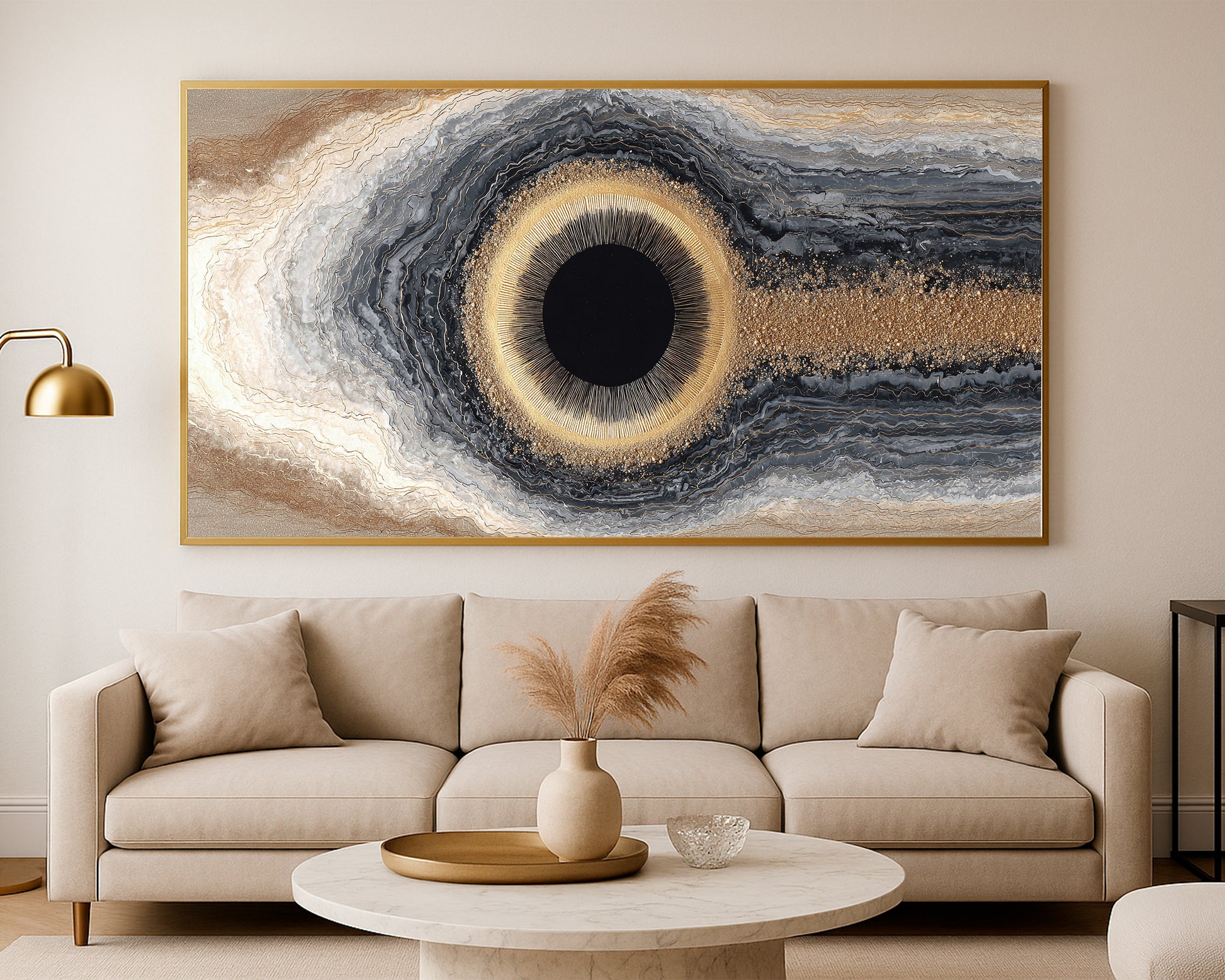 Contemporary abstract panorama featuring a glowing gold ring, dark center, and elegant geode-style textures in muted neutral tones