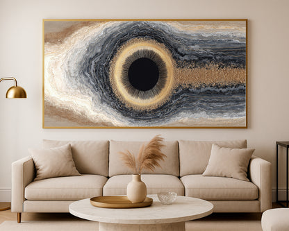 Contemporary abstract panorama featuring a glowing gold ring, dark center, and elegant geode-style textures in muted neutral tones