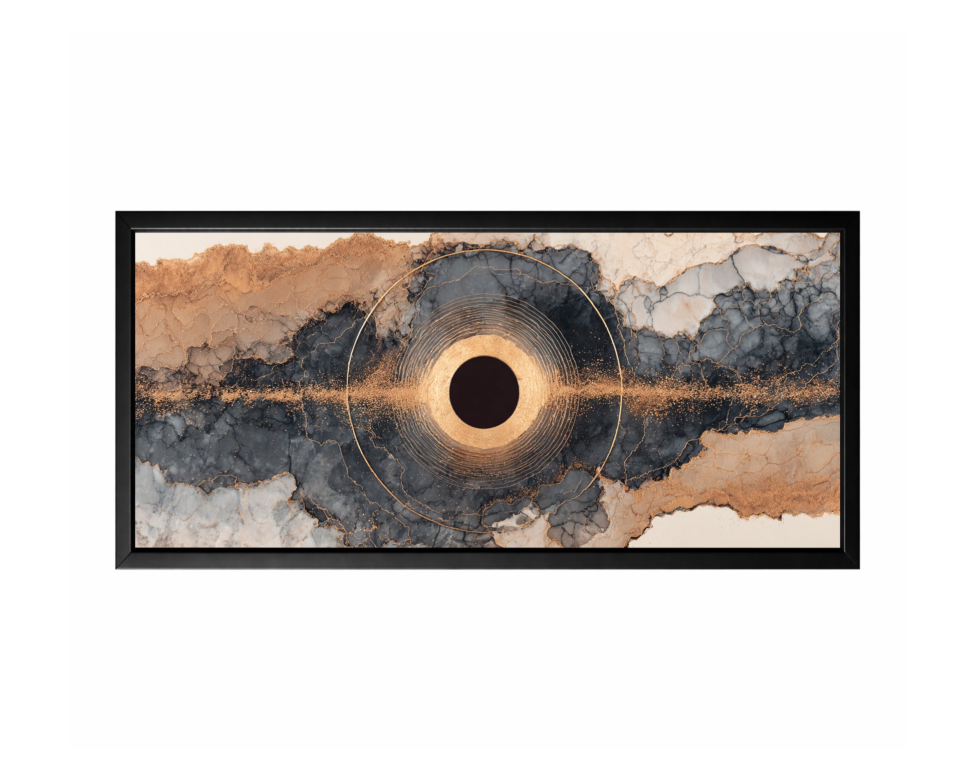 Panoramic abstract wall art featuring a dark central eclipse circle with glowing gold rings and layered gray, beige, and cream geode textures