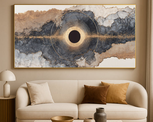 Modern luxury panorama with a dark circular center, fine gold orbital lines, and marbled neutral abstract formations across a wide composition