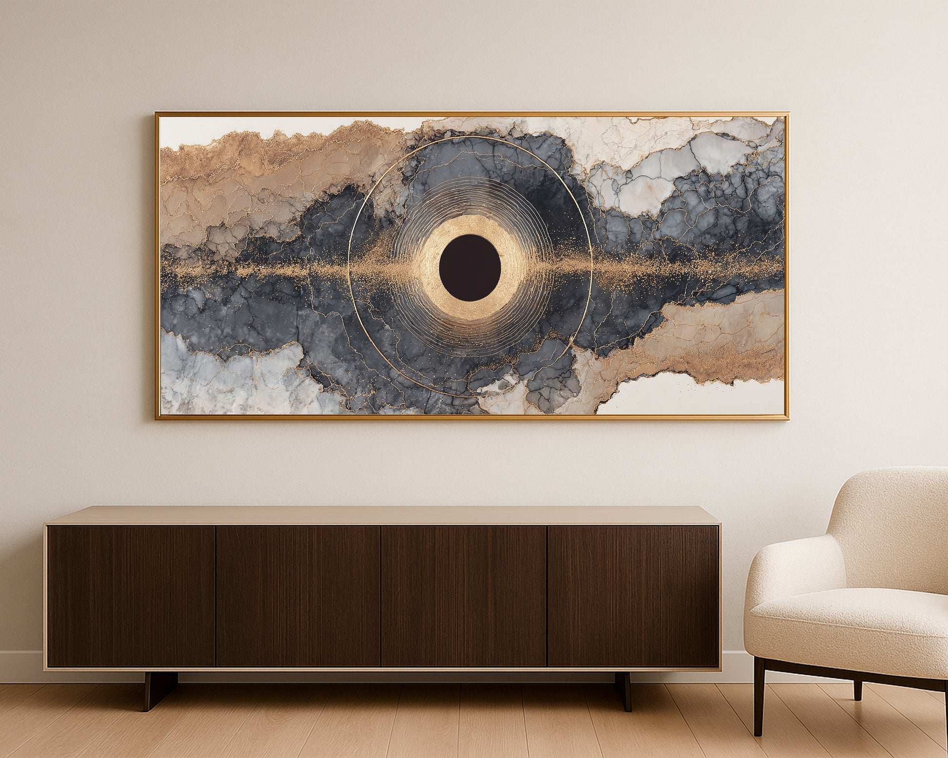 Geode-inspired abstract wall decor showing a central eclipse motif surrounded by smoky charcoal bands and soft gold detailing