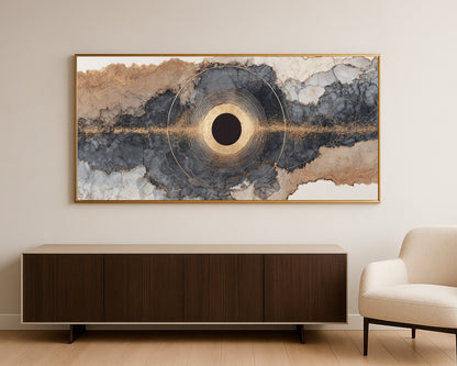 Geode-inspired abstract wall decor showing a central eclipse motif surrounded by smoky charcoal bands and soft gold detailing