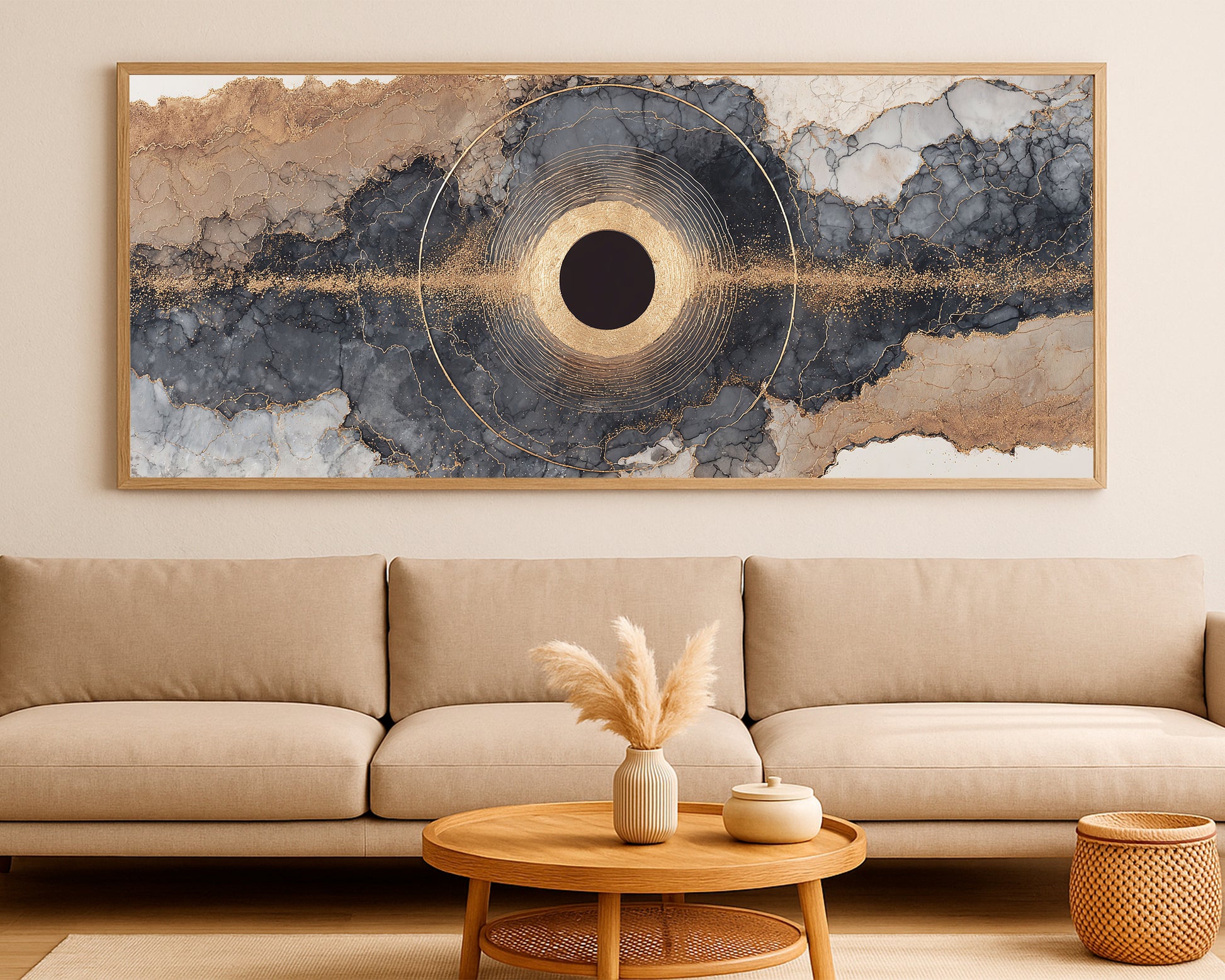 Wide abstract artwork with a glowing dark orb, concentric gold linework, and flowing mineral textures in beige, gray, and cream