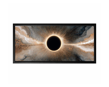 Panoramic abstract wall art featuring a dark central eclipse circle surrounded by radiant gold lines and smoky marbled textures