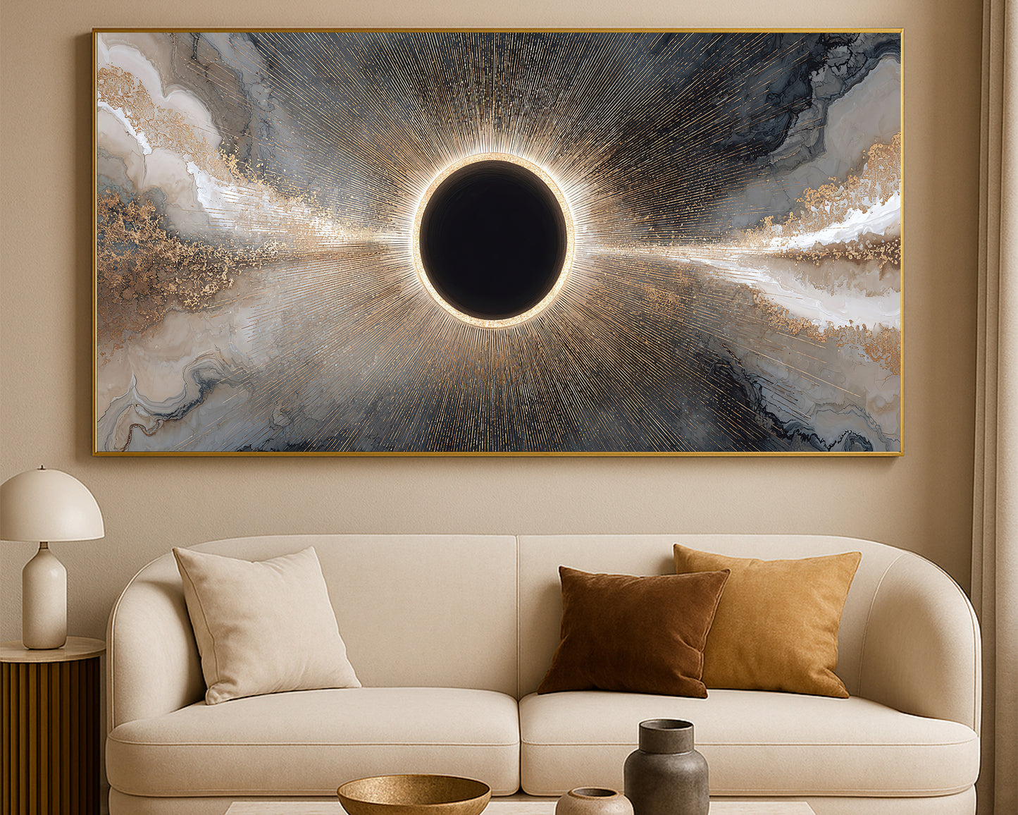 Modern celestial abstract print with a black circular center, glowing halo, and layered gray, cream, and gold textures