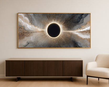 Luxury panoramic wall decor showing a radiant eclipse-inspired circle with dramatic light rays and flowing neutral abstract forms