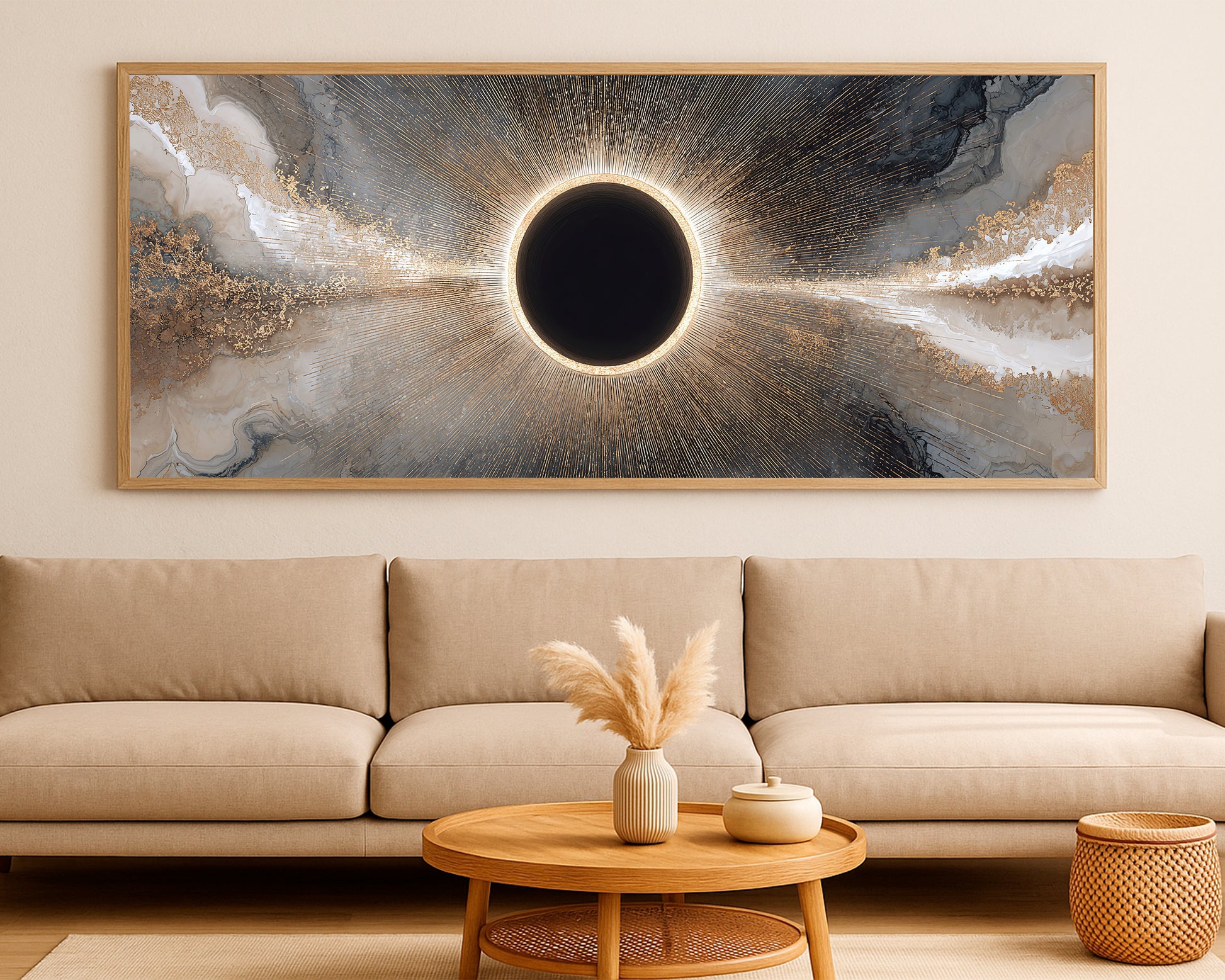 Contemporary abstract artwork with a luminous ring, dark center, and sweeping gold and gray marbled textures across a wide composition