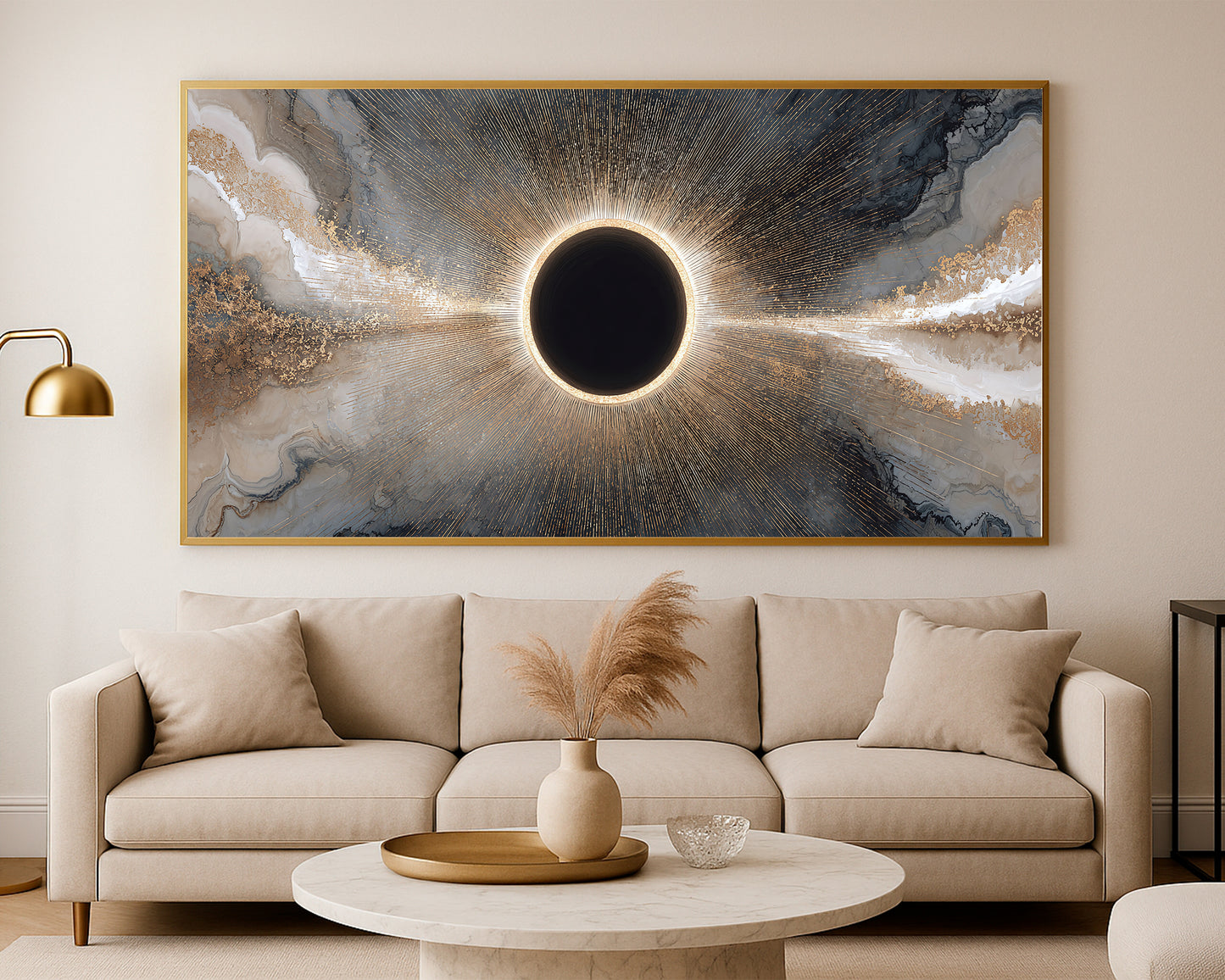 Statement panoramic wall art featuring an eclipse motif with glowing gold detailing, smoky clouds, and a bold circular focal point