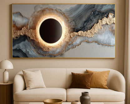 Modern luxury abstract print featuring a dark circular center surrounded by geode-inspired bands of beige, gray, black, and gold